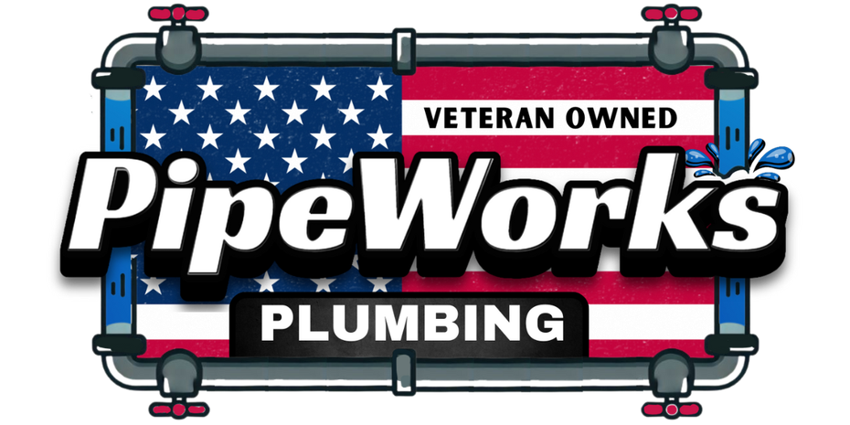 The logo for pipeworks plumbing is a veteran owned company