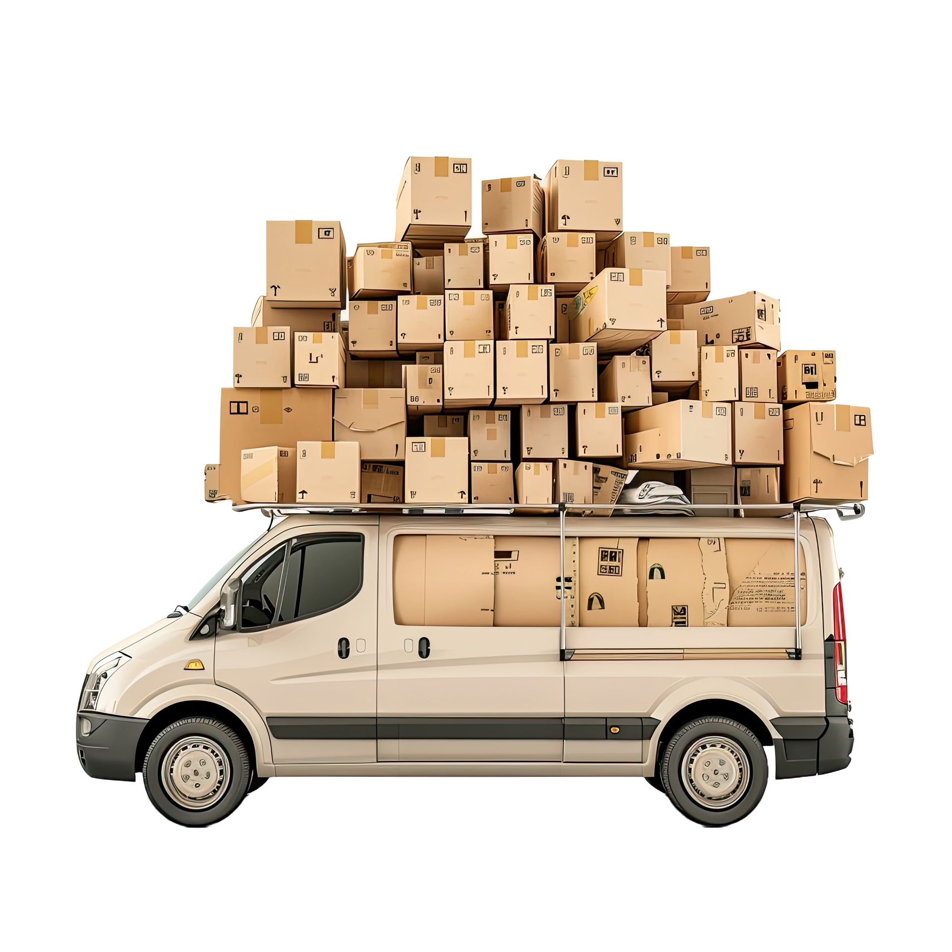Van overloaded with cardboard boxes, ready for delivery.