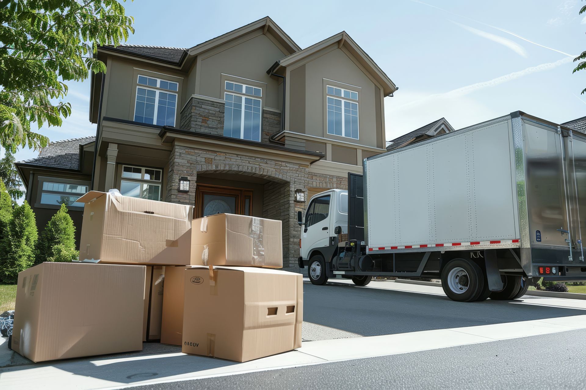 Moving truck parked in front of a house with boxes piled on the driveway.
