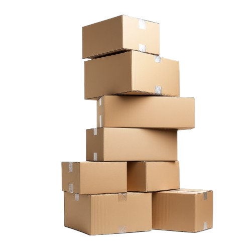 Pile of stacked cardboard boxes of various sizes, against a white background.