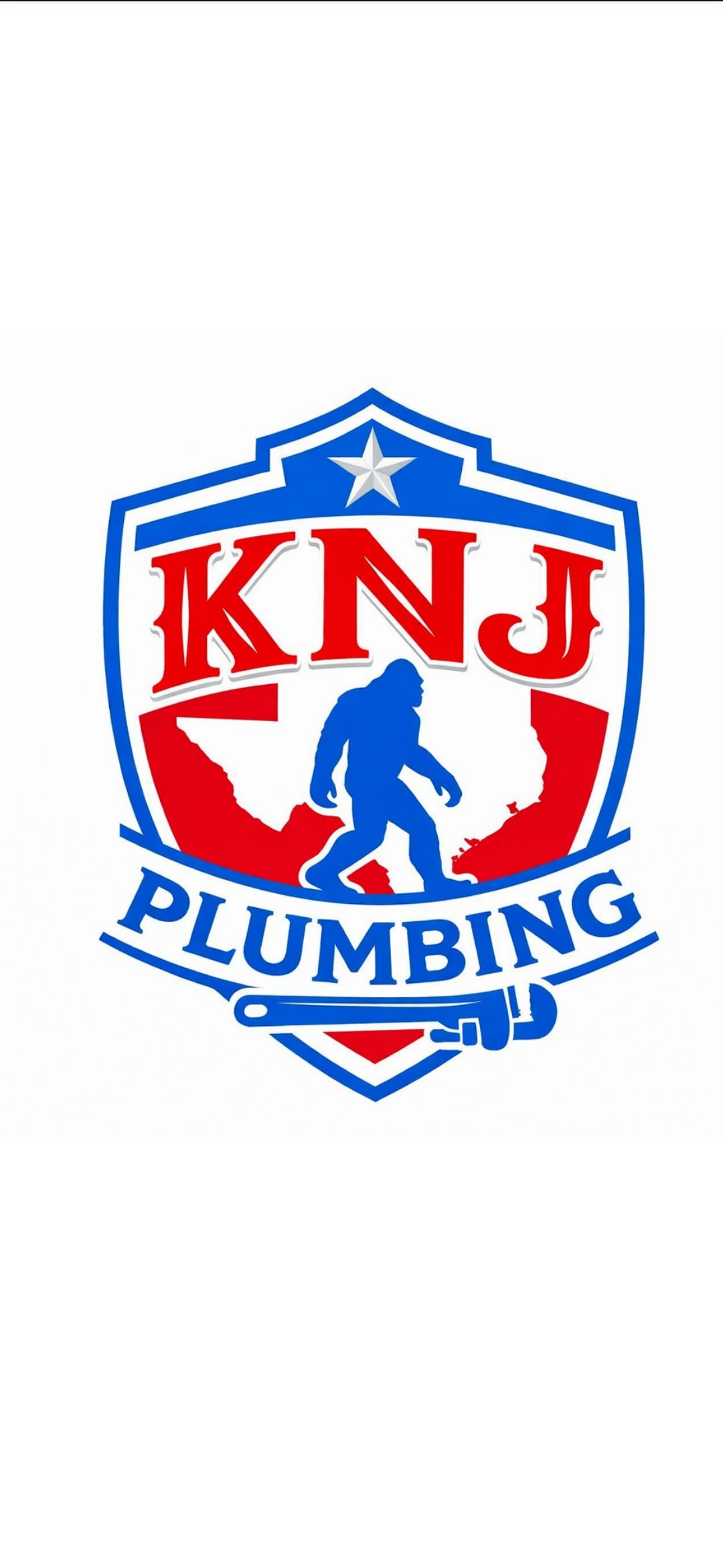 KNJ Plumbing logo with red, blue and white shield, star, plumber silhouette, and pipe wrench
