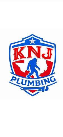 KNJ Plumbing logo with red, blue and white shield, star, plumber silhouette, and pipe wrench