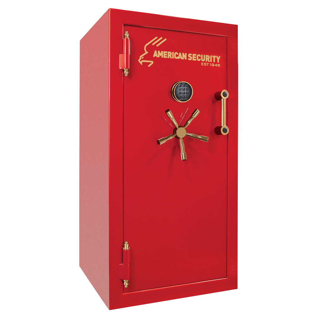 Red American Security safe with brass handle and dial.