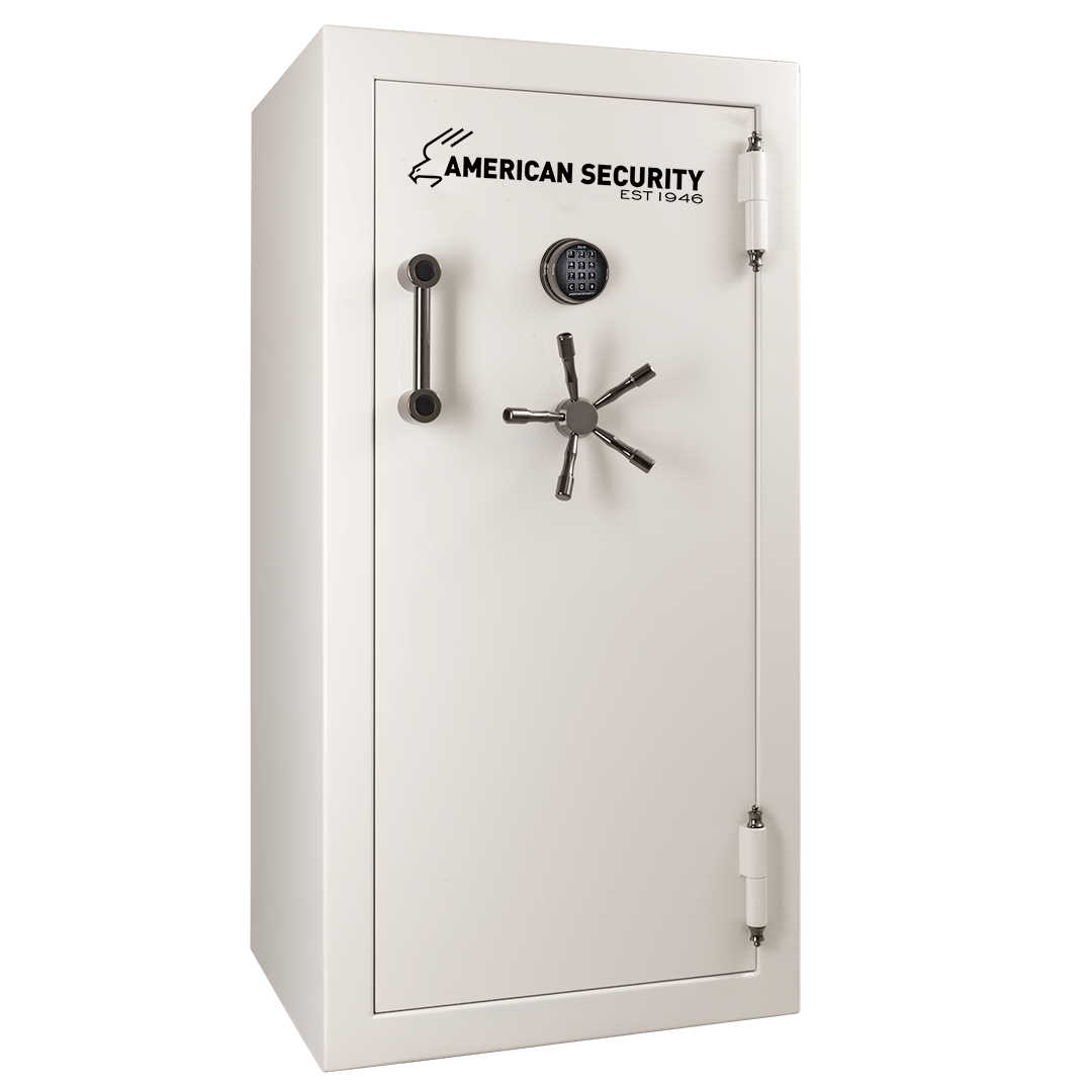 White American Security safe with black handle and combination dial.