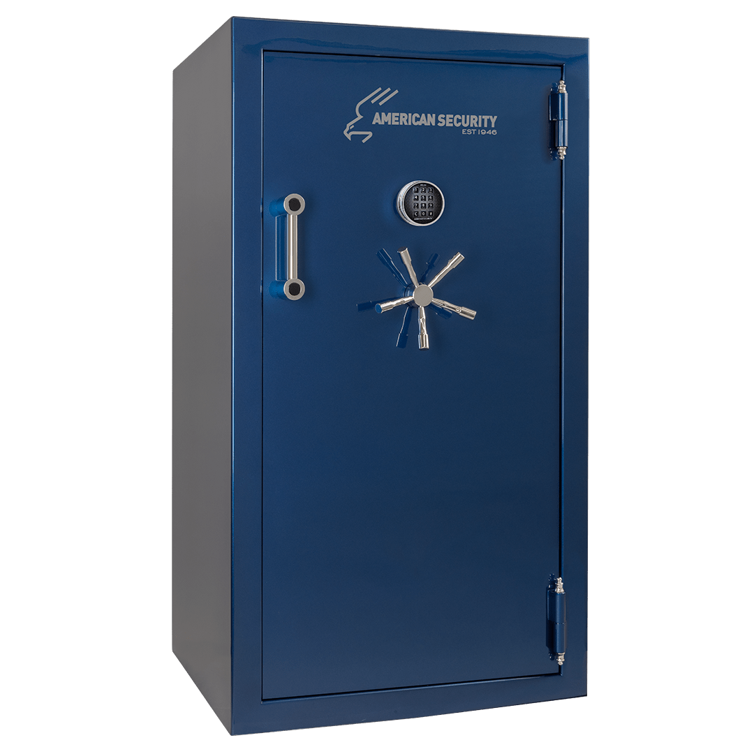Blue American Security safe with chrome handle and dial.