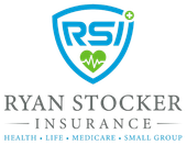 RSI shield logo above Ryan Stocker Insurance text with Health, Life, Medicare, Small Group tagline