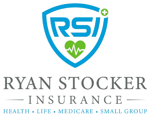 RSI shield logo above Ryan Stocker Insurance text with Health, Life, Medicare, Small Group tagline