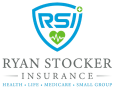 Ryan Stocker Insurance logo with blue shield and green heartbeat icon, plus text: Health, Life, Medicare, Small Group