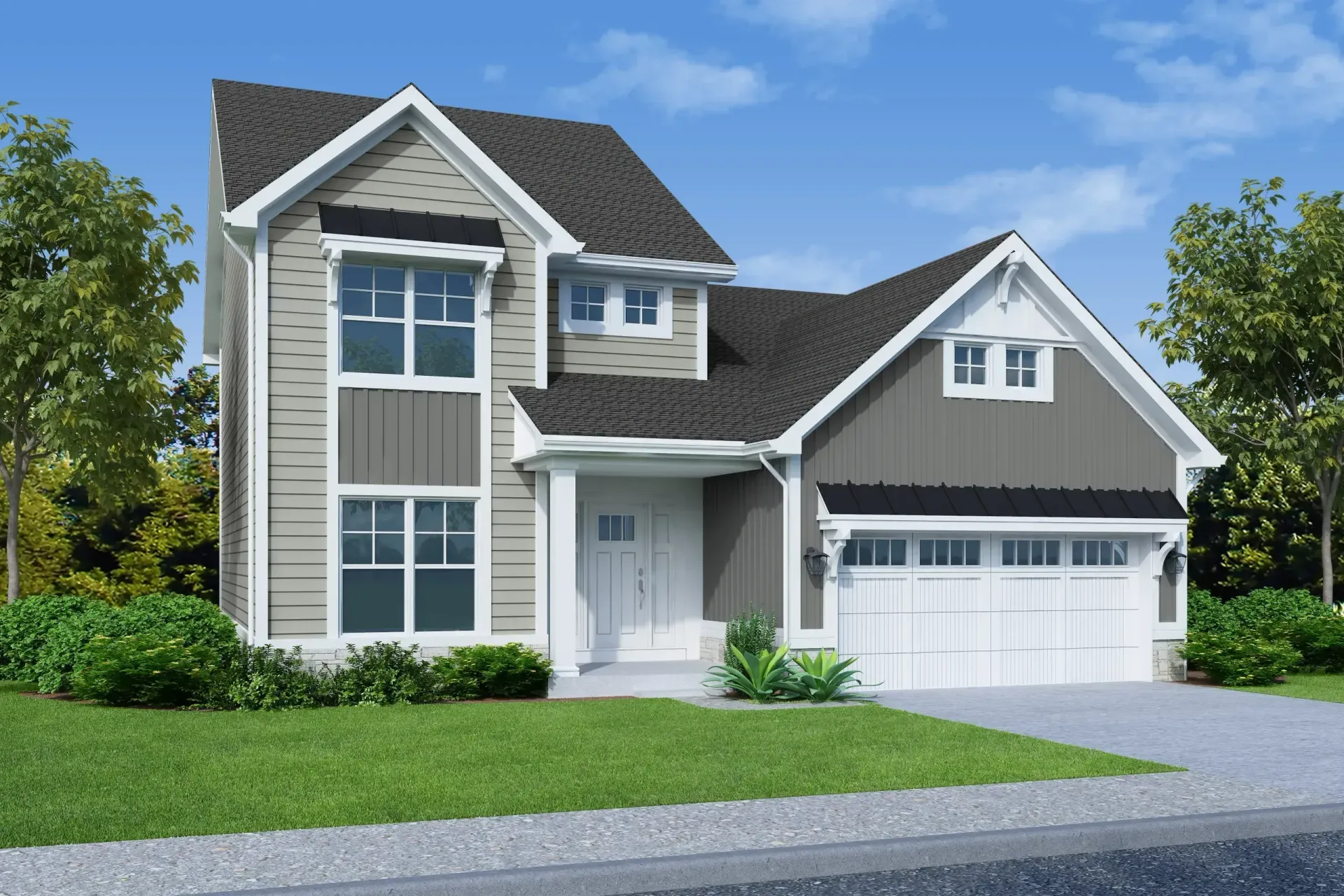 An artist 's impression of a house with a gray siding and white trim