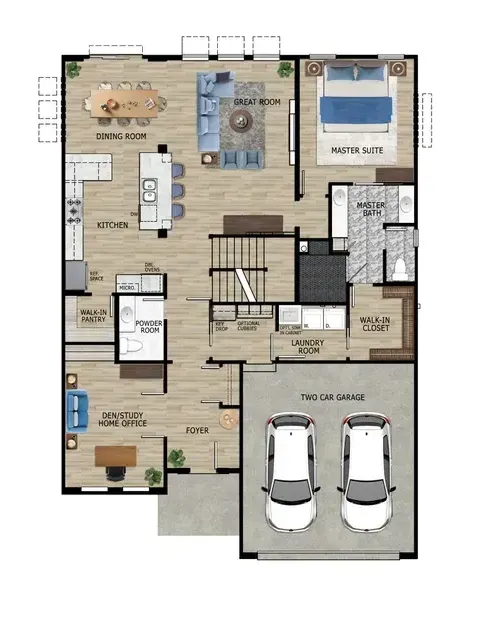 A floor plan of a house with two cars in the garage.