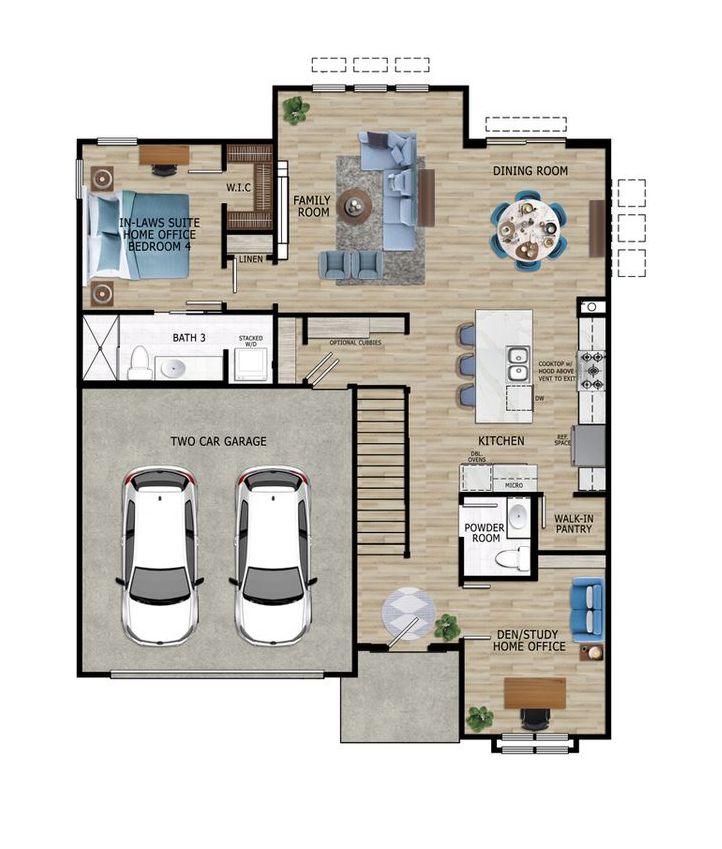 A floor plan of a house with two cars in the garage.