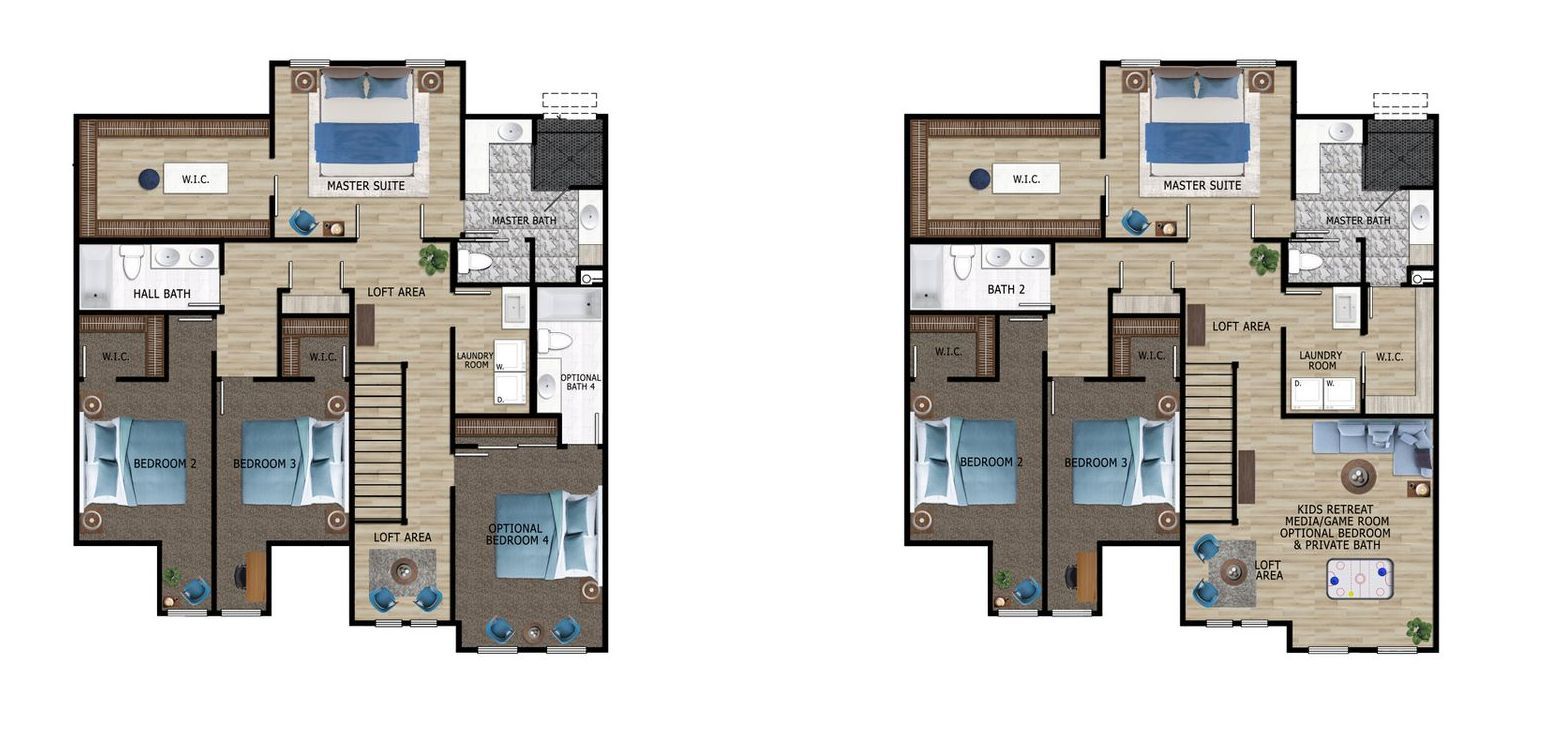 A floor plan of a house with two bedrooms and two bathrooms.