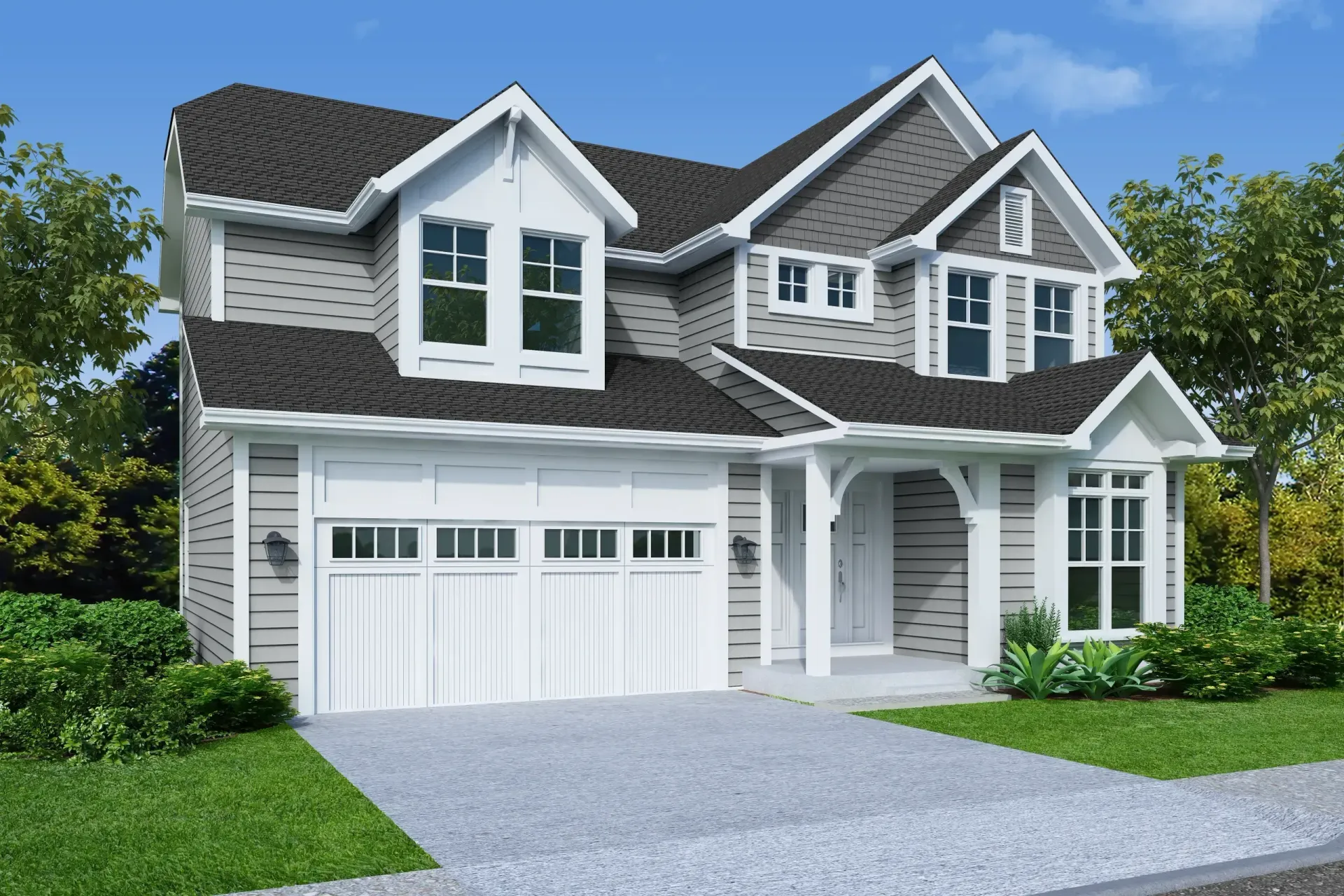 An artist 's impression of a house with a gray roof and white trim
