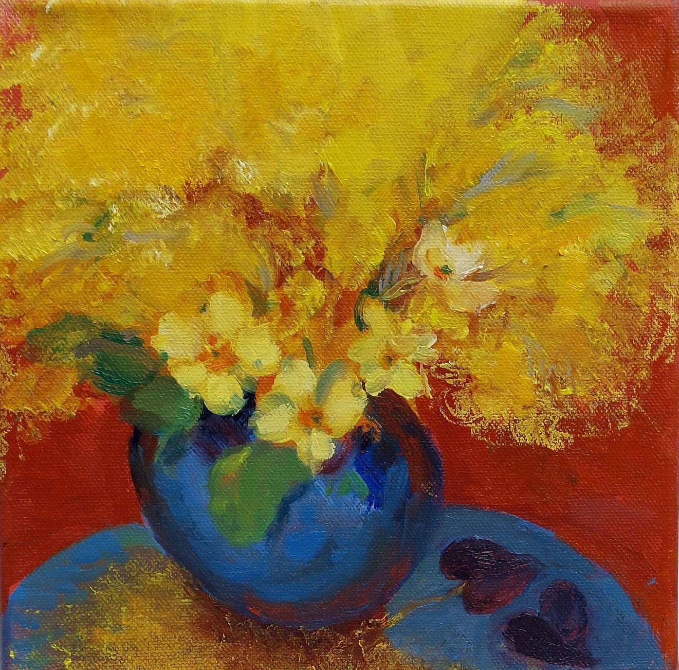 Sally Scott Original Artwork Oil Painting Still Life with Mimosa and Primroses