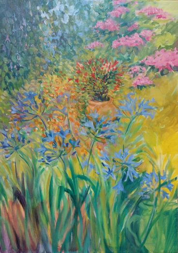 oil painting of a garden of flowers