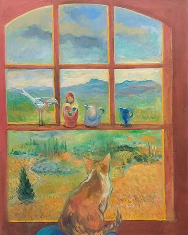 oil painting of a cat looking out of a window 