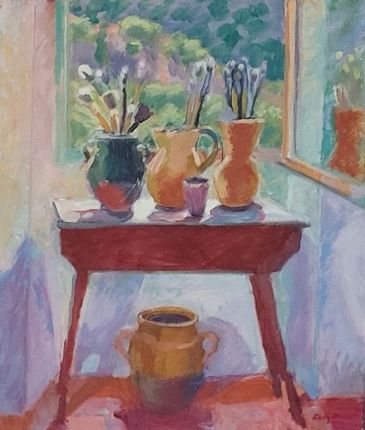 poil painting of a bench in front of window with pots and brushes