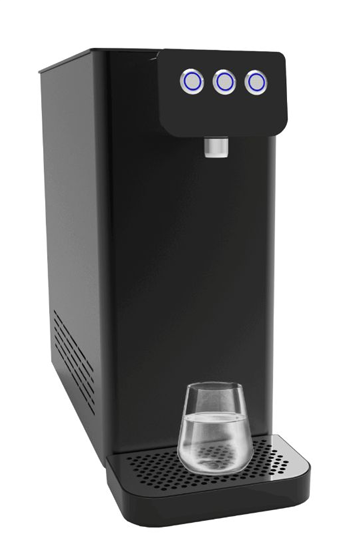 Distributore d'acqua da banco nero con tre pulsanti e vassoio raccogligocce in vetro.