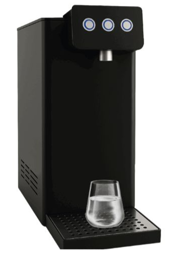 Distributore d'acqua da banco nero con tre pulsanti e vassoio raccogligocce in vetro.