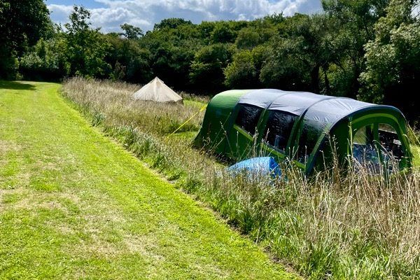 Green arched tent in tall grass beside a field under a cloudy sky, with trees in the background
