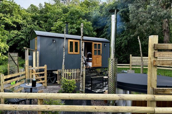 Small dark blue cabin with wood trim inside a fenced green outdoor area.