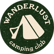 Wanderlust camping club logo with a tent icon on a dark green circular background
