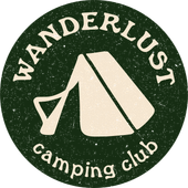 Wanderlust camping club logo with a tent icon on a dark green circular background