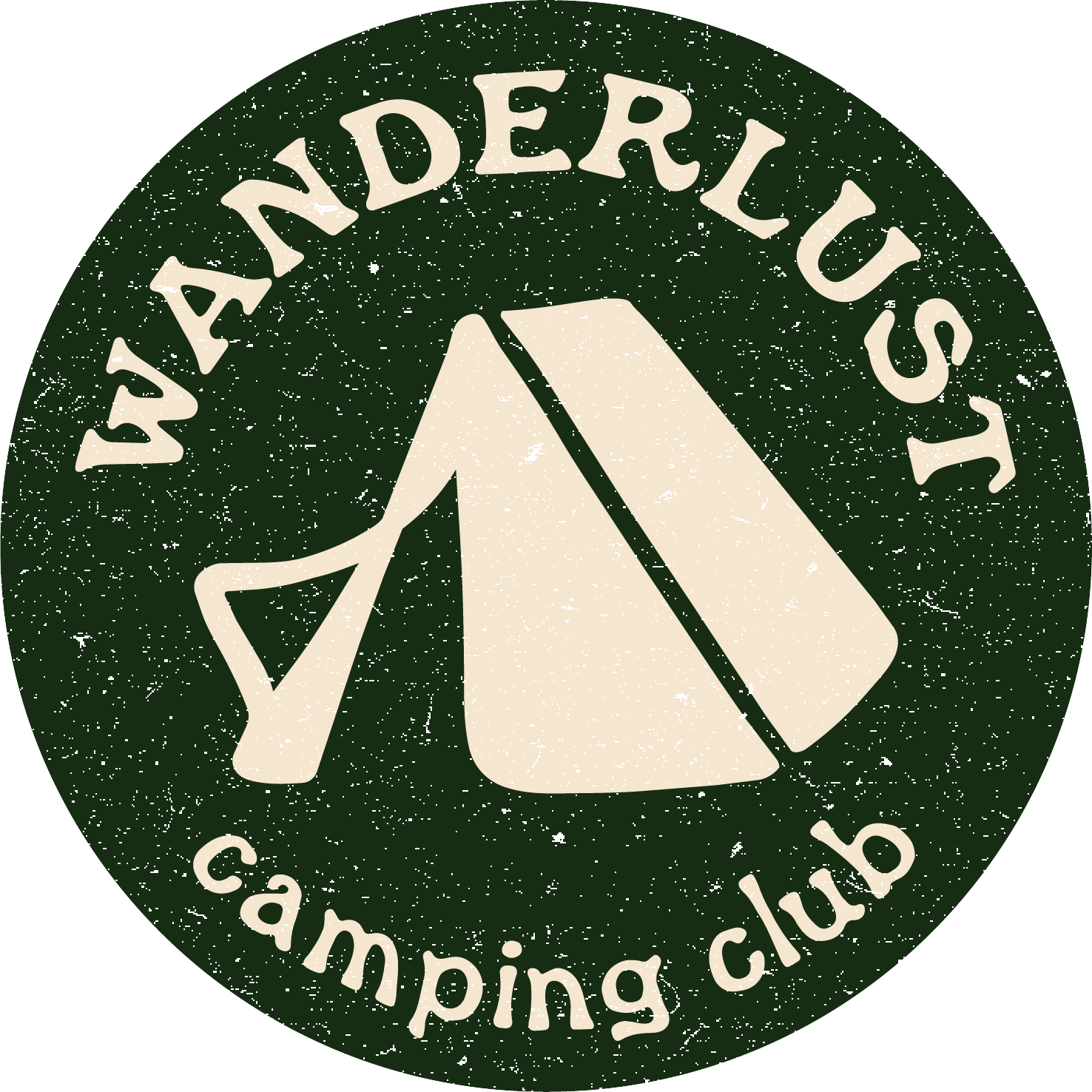 Wanderlust camping club logo with a tent icon on a dark green circular background