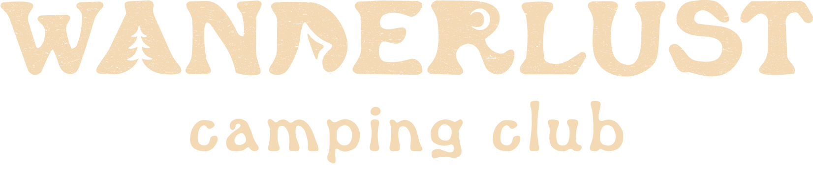 Wanderlust camping club logo in beige text on a light background