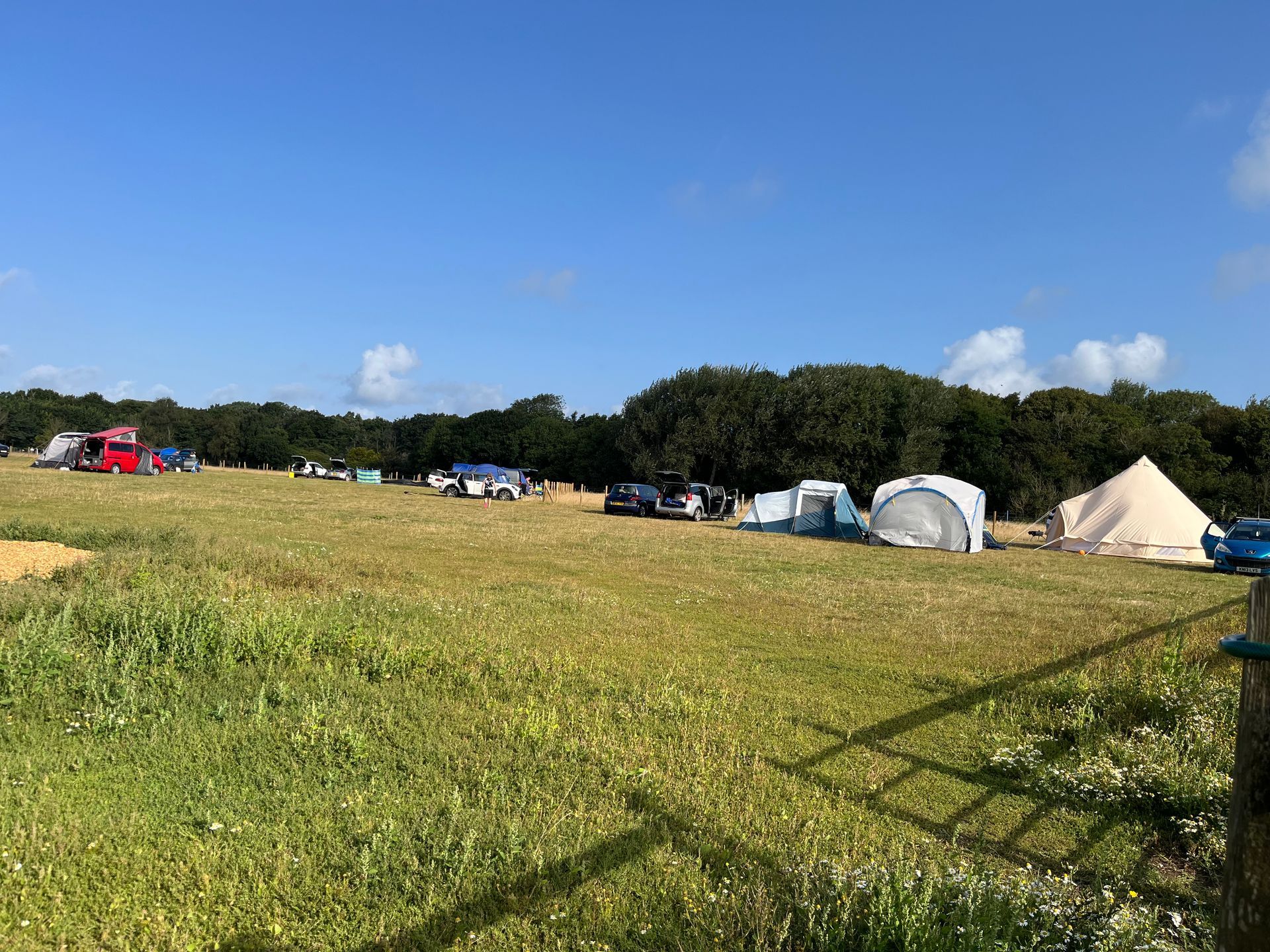 Tent campground on a grassy field under a blue sky, with cars and several tents along the tree line