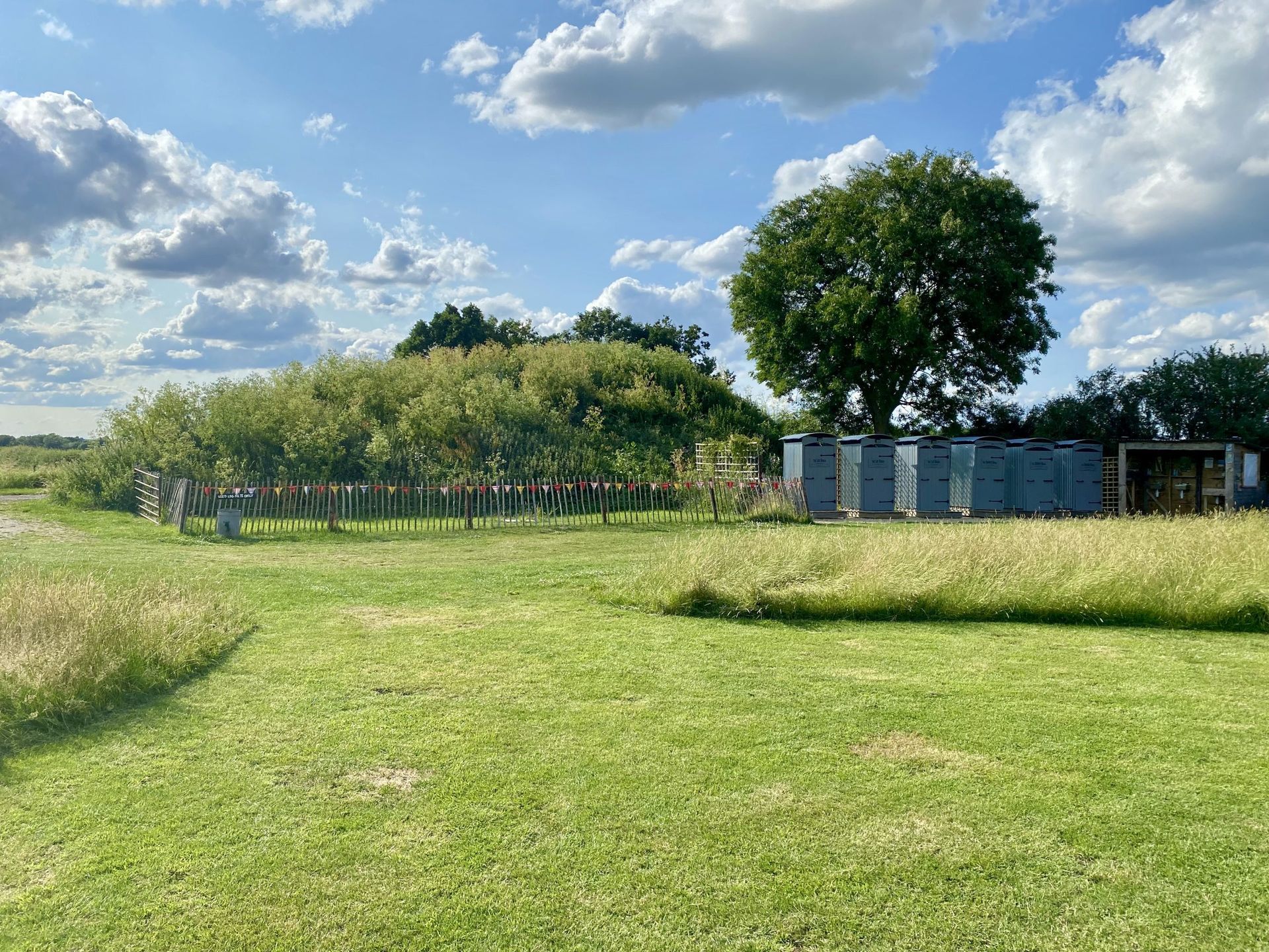 Grassy field with trees, blue metal containers, and a cloudy sky on a sunny day