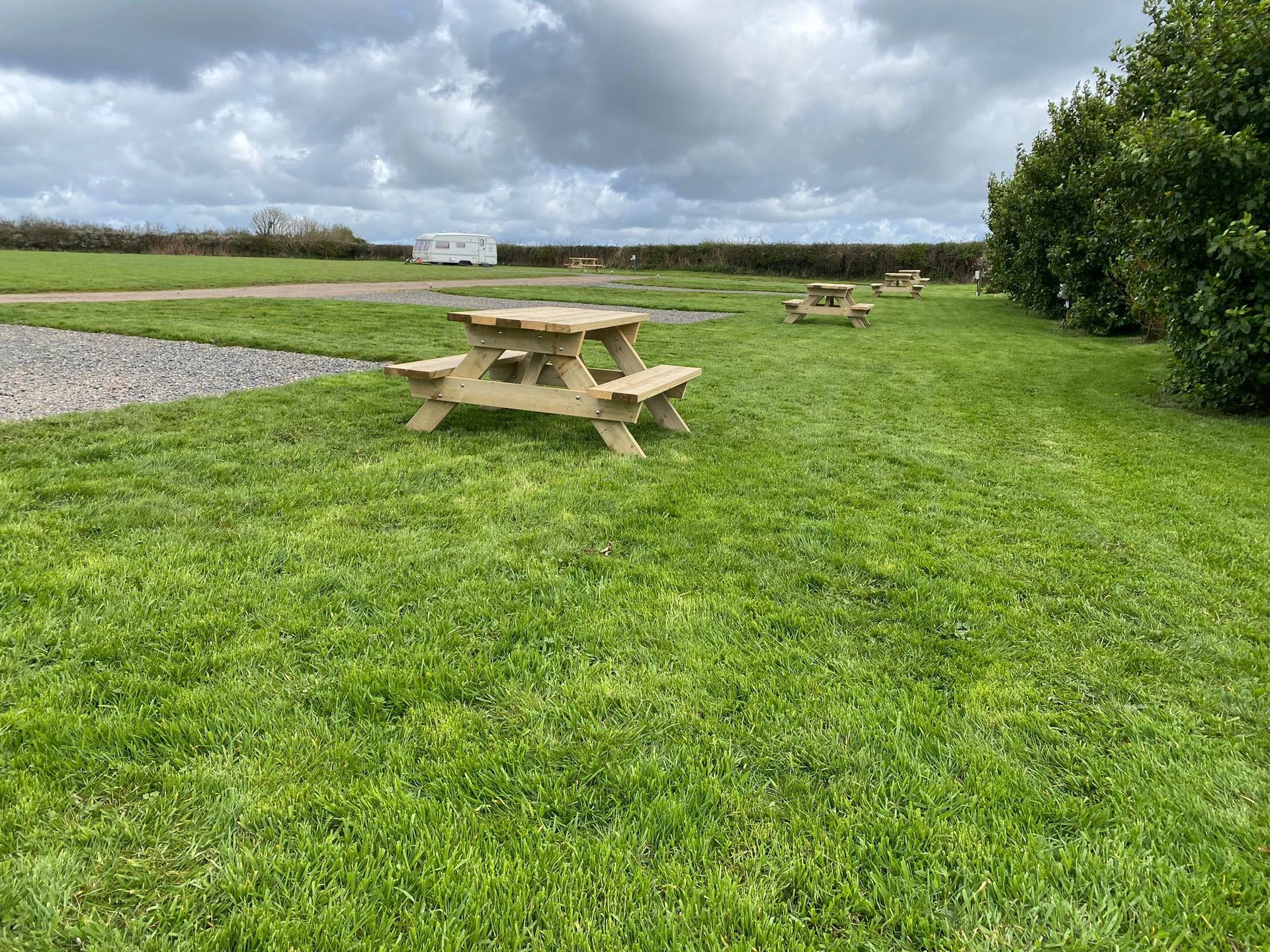 Picnic tables on a grassy field under cloudy sky, with gravel path and trees nearby
