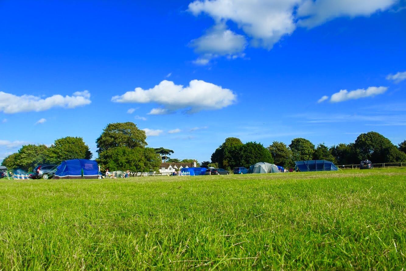Green field with trees, blue tents, and a bright blue sky with scattered clouds.