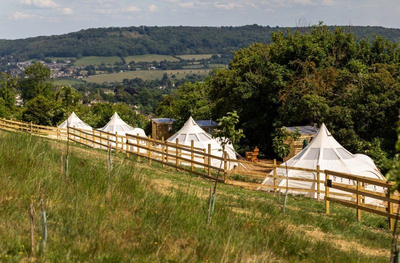 White tents behind a wooden fence on a grassy hillside, with trees and a rural valley in the background
