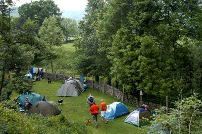 People camping on a grassy hillside with several tents among trees and a fence