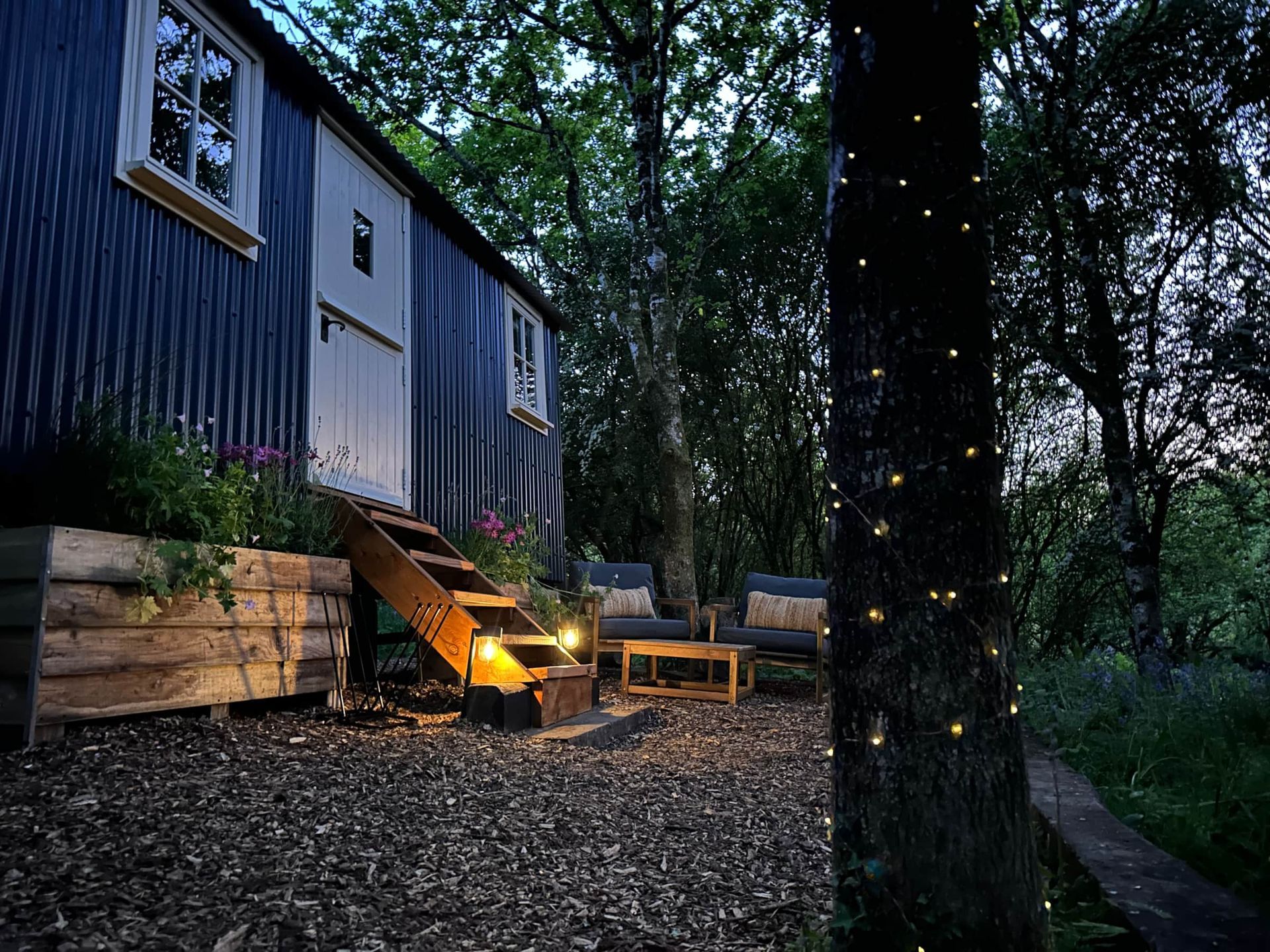Cozy cabin porch at dusk with string lights, wooden steps, and trees in a wooded yard