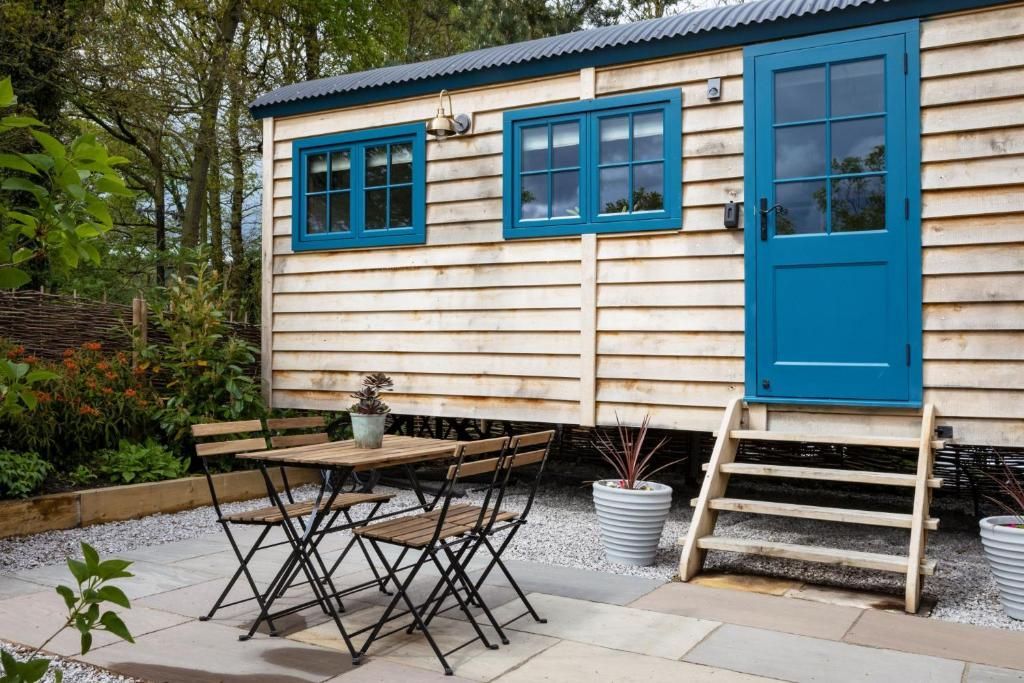 Tiny house with blue door and windows, front steps, and patio table and chairs on a paved patio