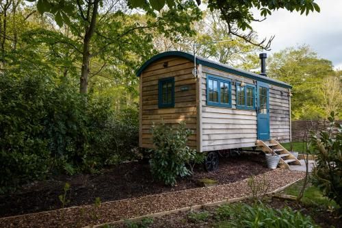 Small blue-and-white cabin with a curved roof in a wooded garden setting