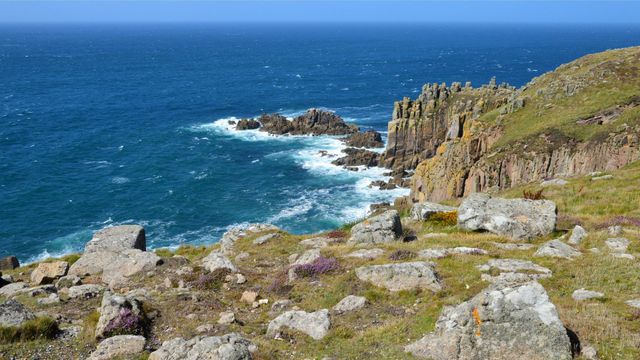 Rocky coastal cliff with blue ocean waves and grassy foreground under a clear sky