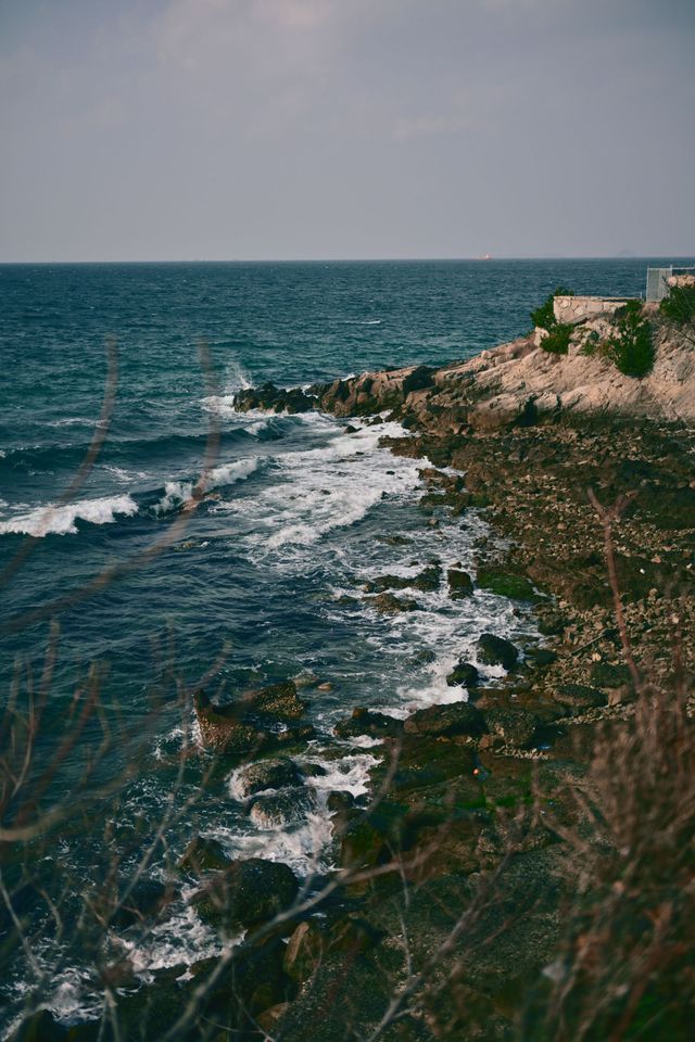Rocky coastal cliff with blue ocean waves and grassy foreground under a clear sky