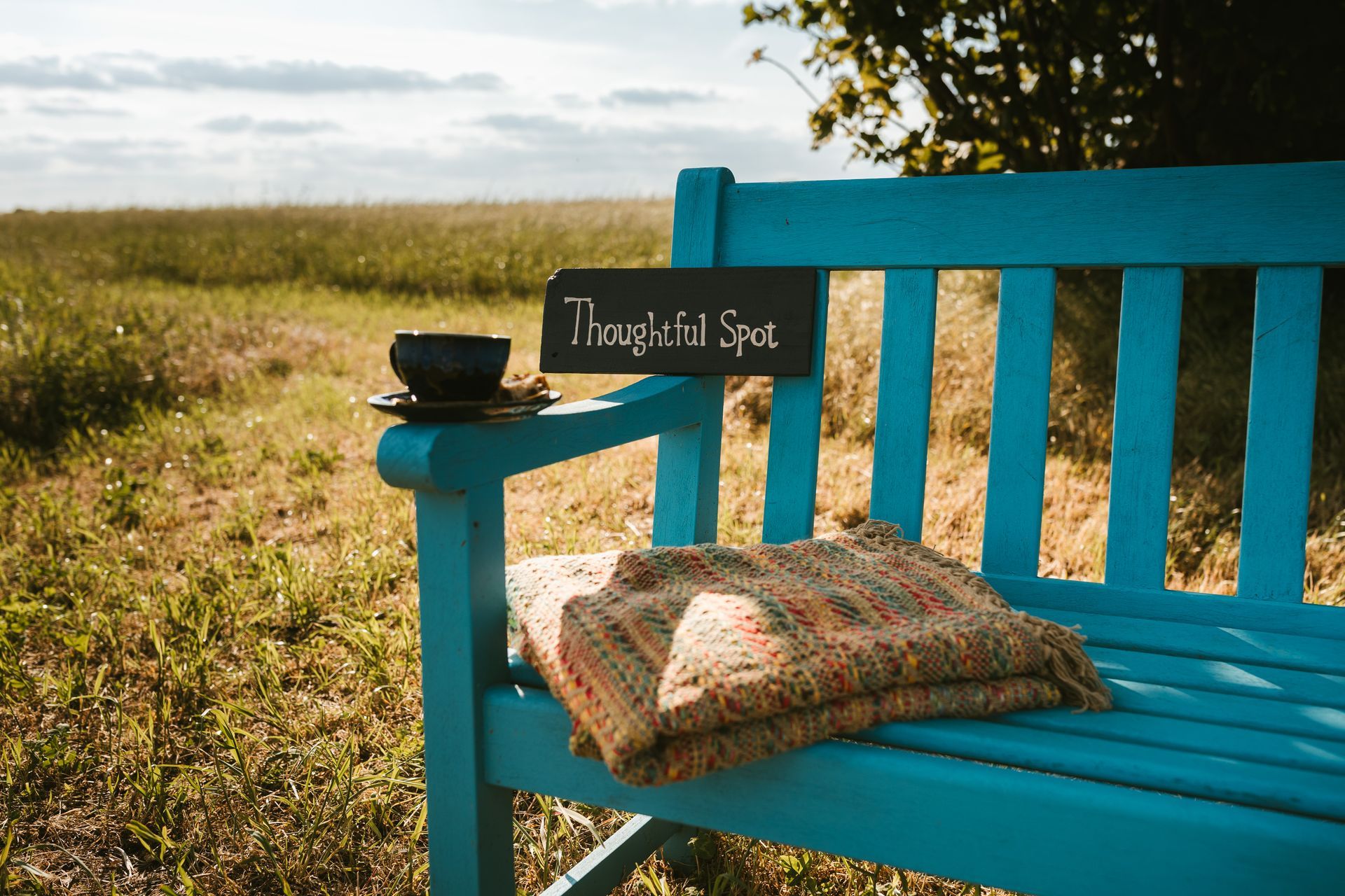 Turquoise bench with a woven pillow in a grassy field, overlooking a sunlit landscape
