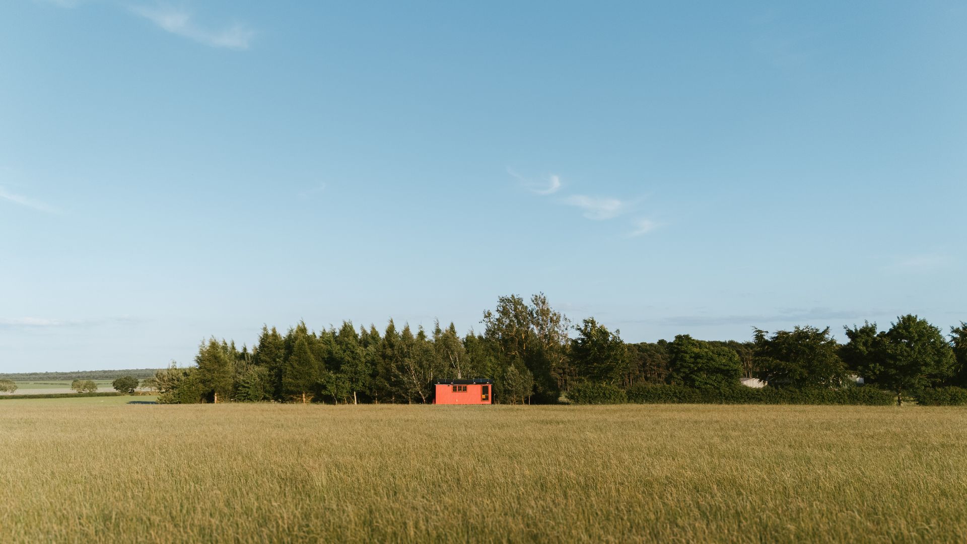Wide field under blue sky with a small red house and trees in the distance