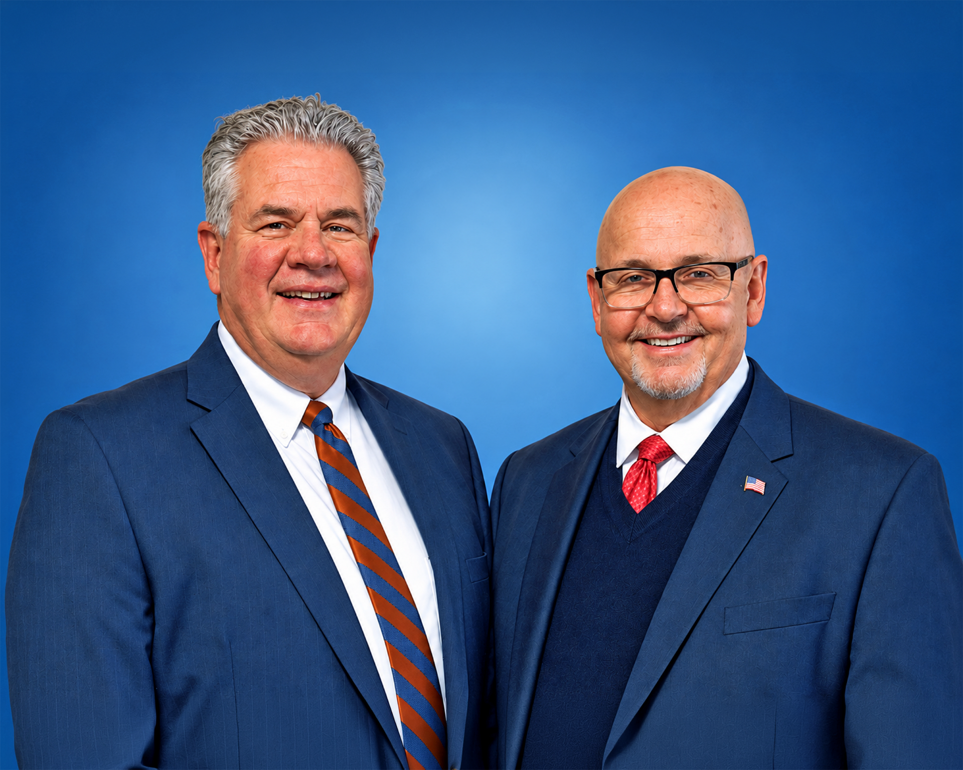 Two men in suits standing side by side against a white background, smiling at the camera.