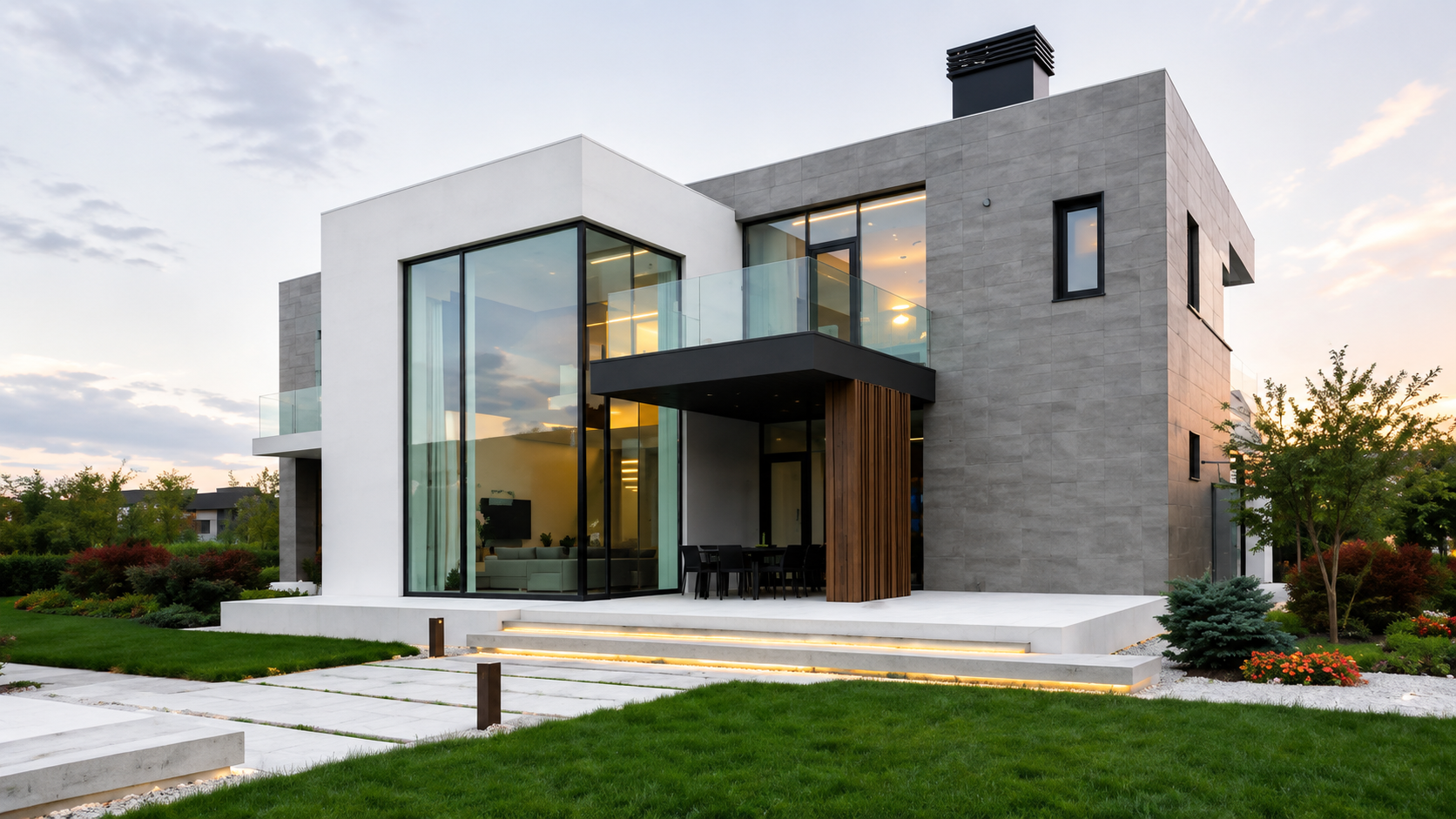 Modern two-story house with large glass windows, white and gray exterior, and a landscaped front yard