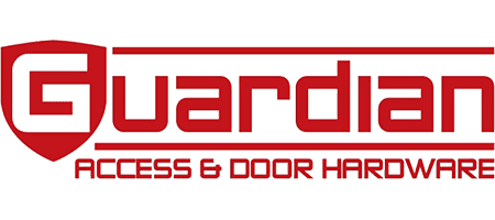 The logo for guardian access & door hardware is red and white.