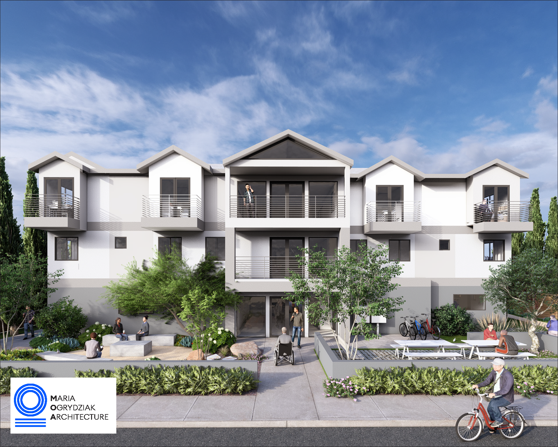 An artist 's impression of a building with a man riding a bike in front of it.
