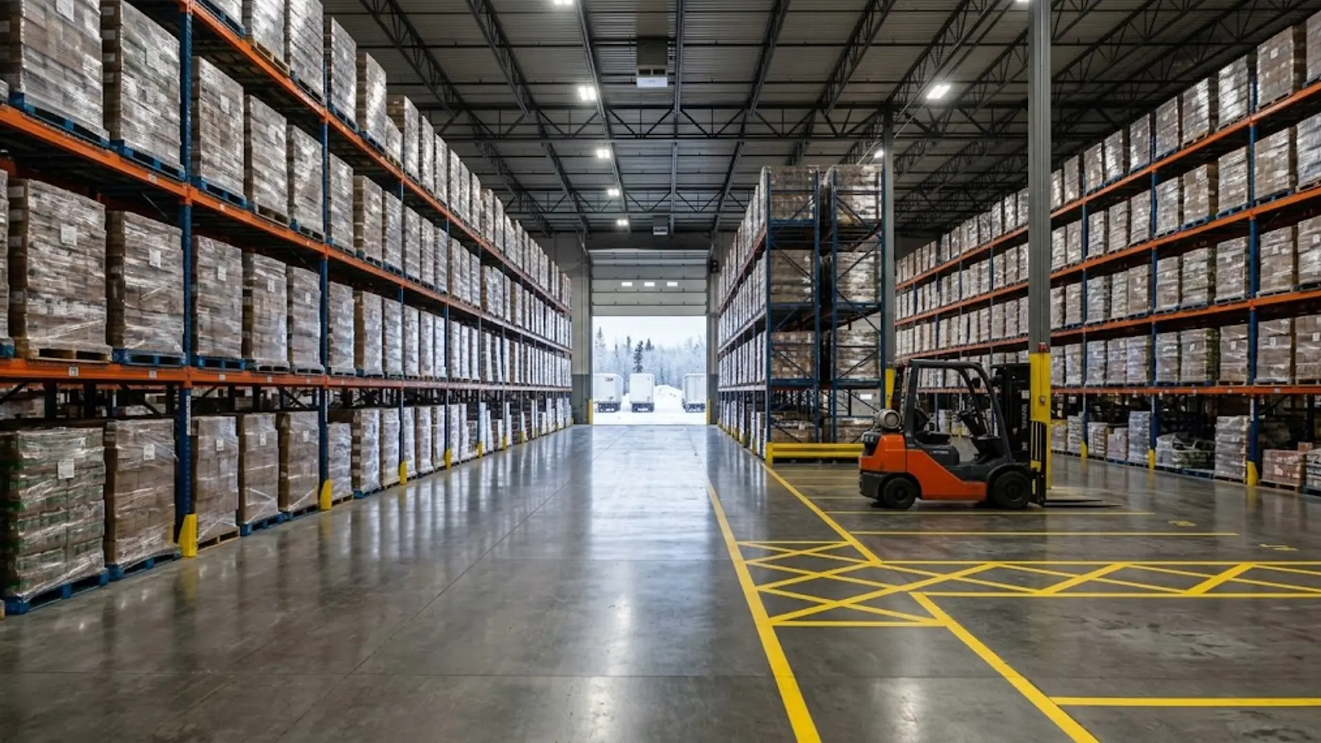 Warehouse aisle with tall stacked pallets, polished floor, and a forklift near yellow-marked loading area