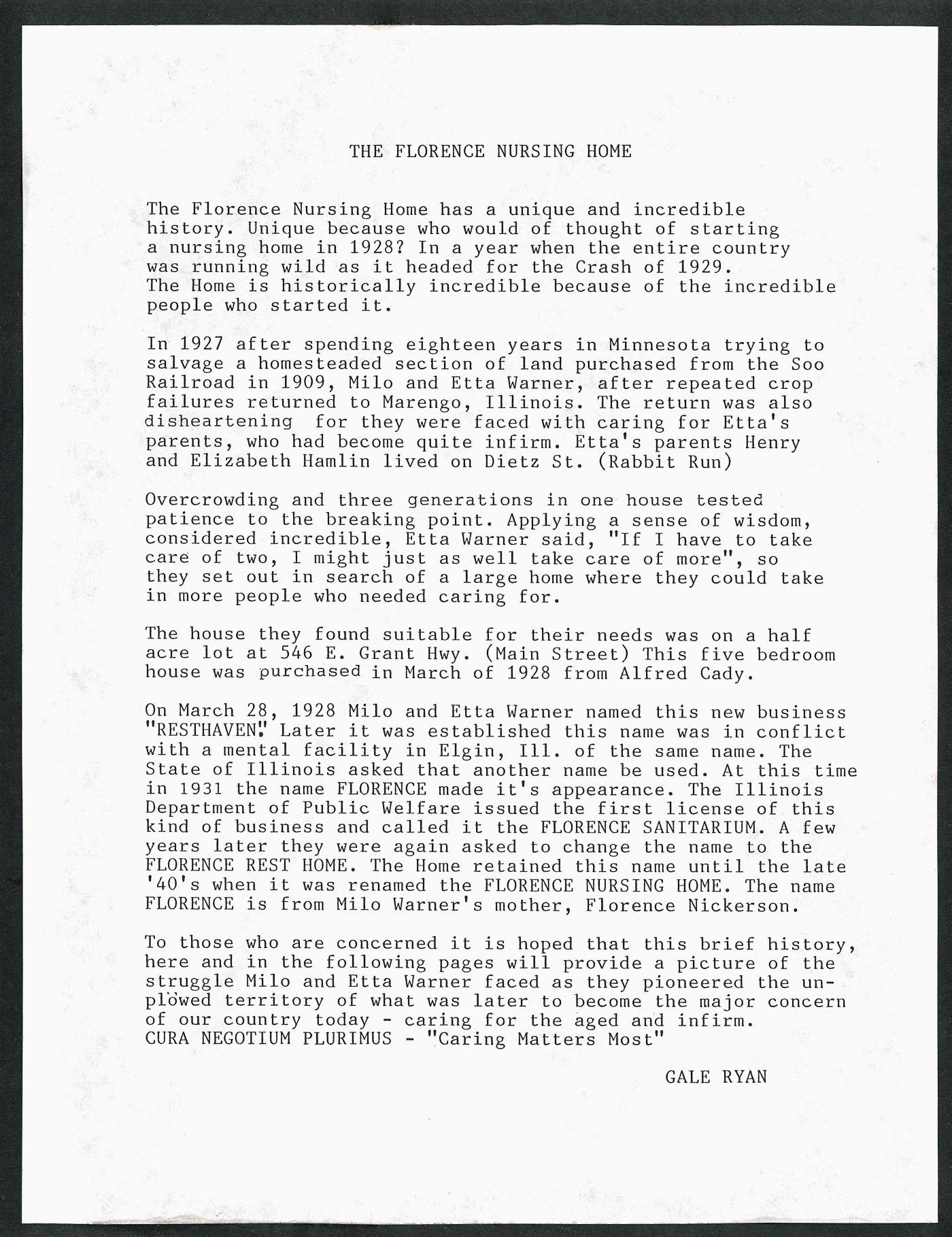 Chronological History of the Florence Nursing Home, page 2 of 17