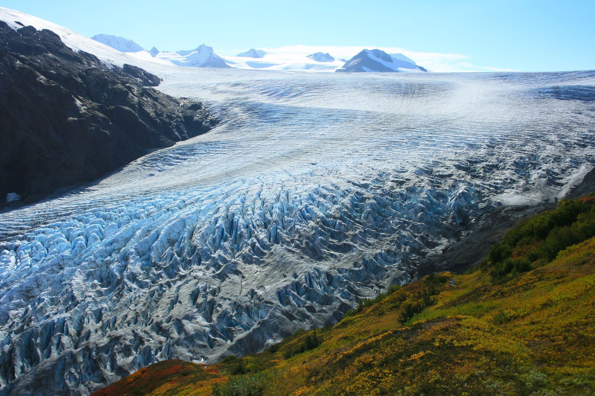 Vast glacier with blue ice, surrounded by mountains, green and yellow tundra in Alaska.