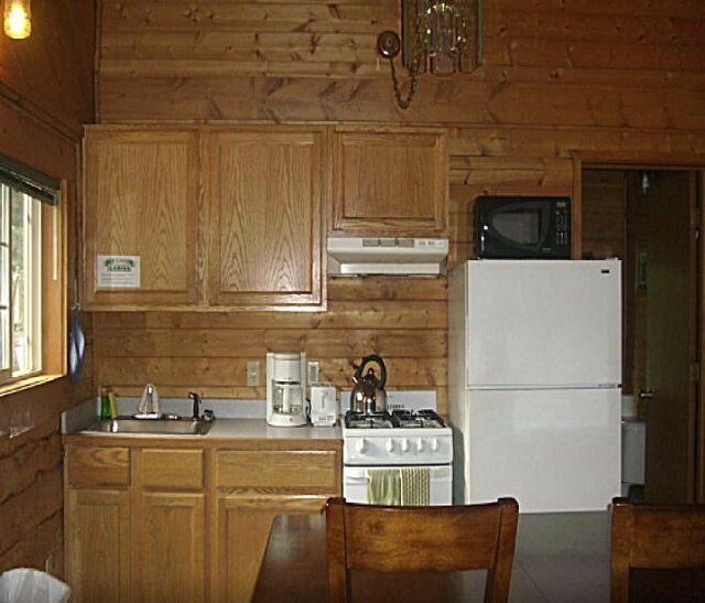 Cabin kitchen with wood cabinets, appliances, and a microwave.